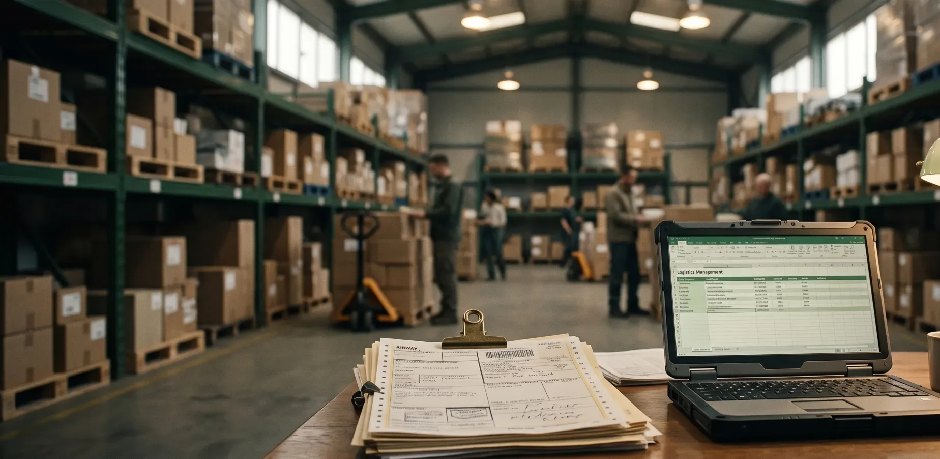 Air-cargo ground operations: a laptop and airway-bill paperwork on a desk