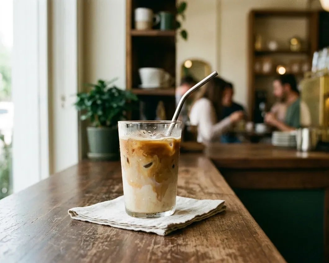 An iced latte on a warm wooden café counter